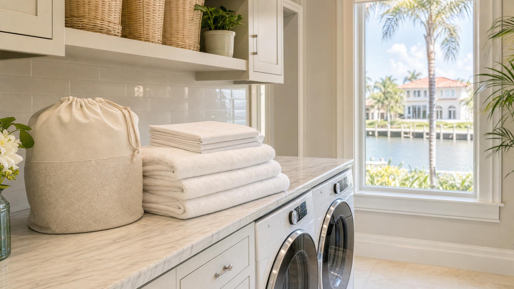 Fresh folded linens in a refined coastal Naples home.
